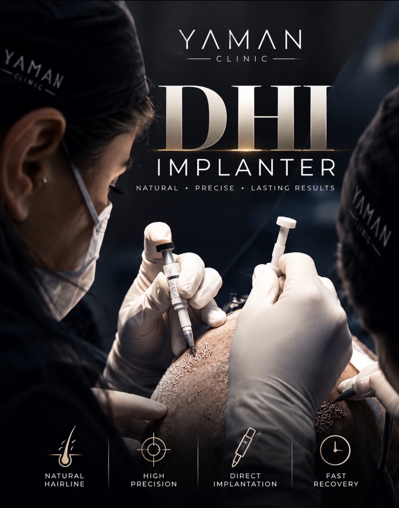 Klinik ekip, saç grefti yerleştirme sırasında DHI implantasyon kalemlerini kullanıyor.